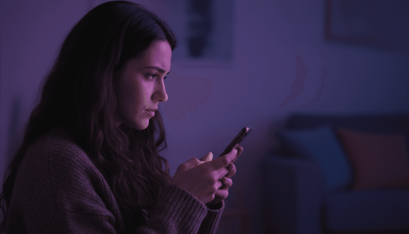 Person quietly reviewing a phone screen in soft, calm lighting